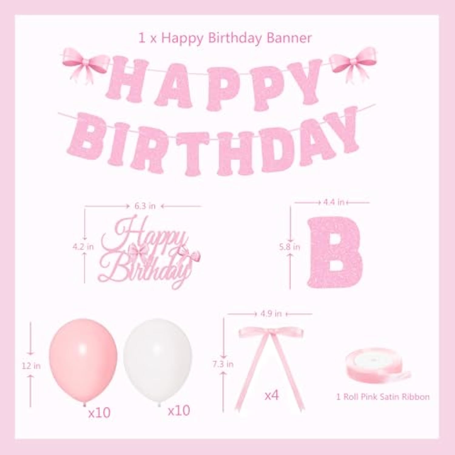28pcs Pink Bow Birthday Decorations with Banner, Swirls, Balloons & Garland