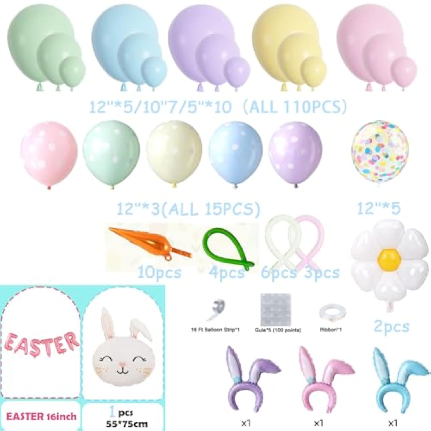 162Pcs Easter Balloon Arch Kit - Pastel Balloon Garland With Bunny, Ears, Daisy Foil, Printed Balloons For Baby Shower Party, Spring Birthday, Easter Decorations