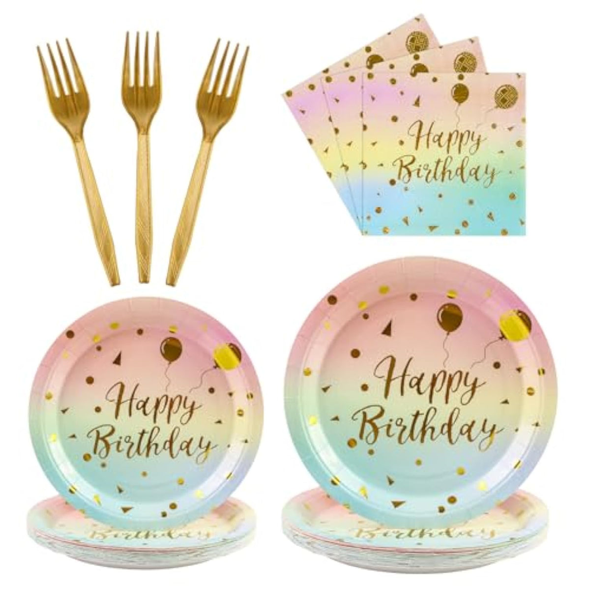 96Pcs Happy Birthday Plates And Napkins Party Supplies, Colorful And Gold Disposable Paper Plates And Napkins With Forks Tableware Set For 24 Guests