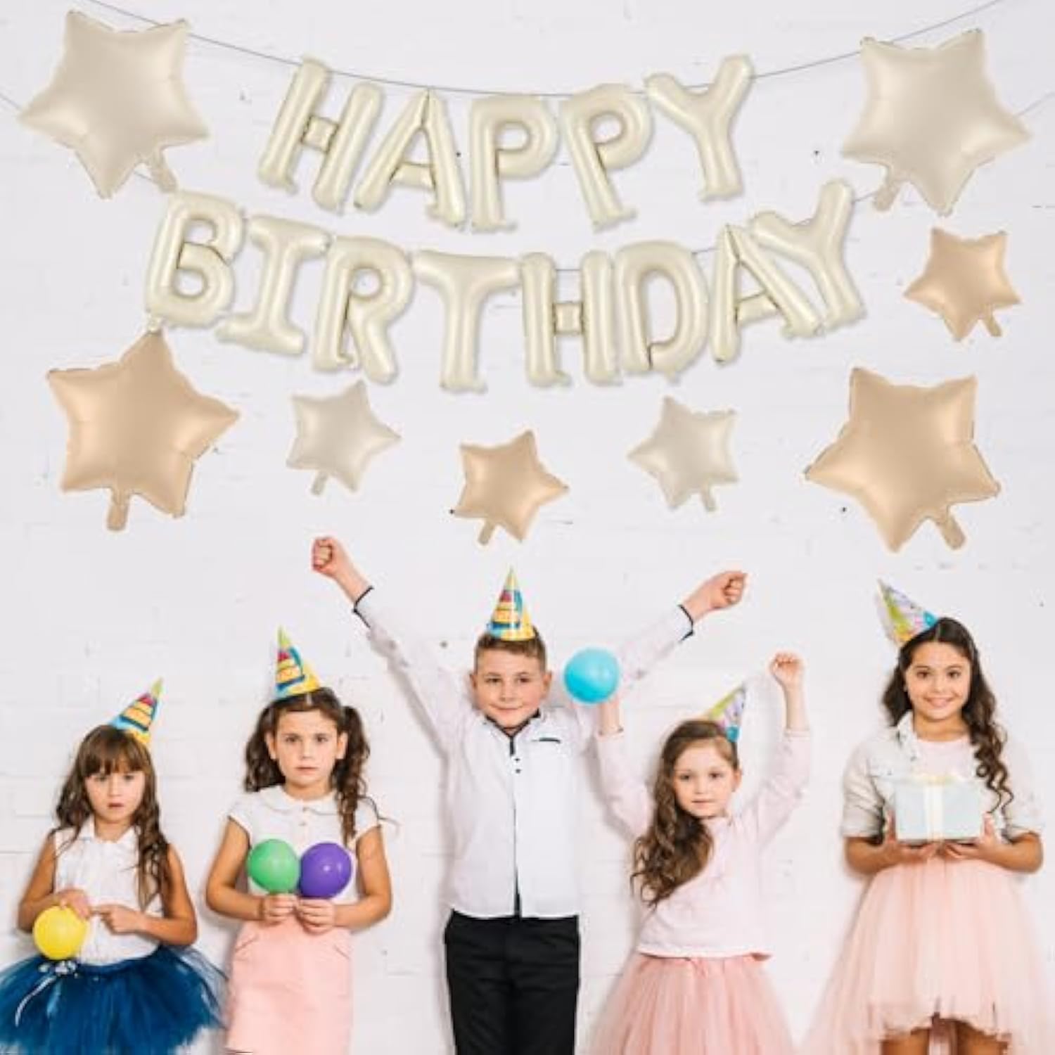 Happy Birthday Balloons Banner, Cream Happy Birthday Foil Balloons 16 Inch Foil Letter Balloon With 8 Pcs Cream Caramel Brown Star Balloon For Women Men Boys Girls Birthday Party Decoration