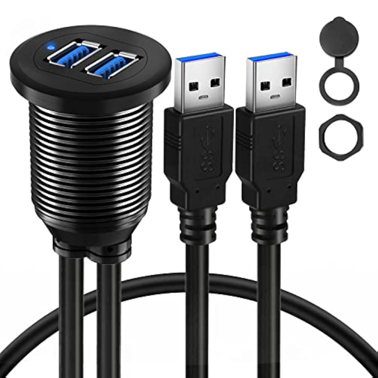 Alloy Dual Port Usb 3.0 Car Dashboard Flush Mount Cable, Male To Female With L
