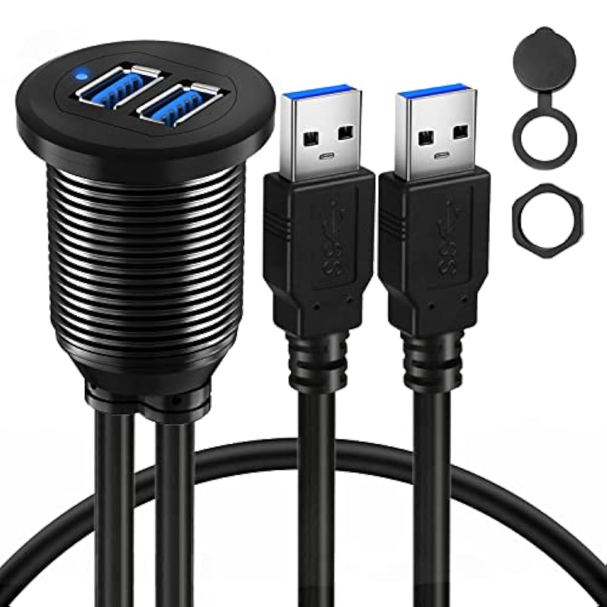 Alloy Dual Port Usb 3.0 Car Dashboard Flush Mount Cable, Male To Female With L