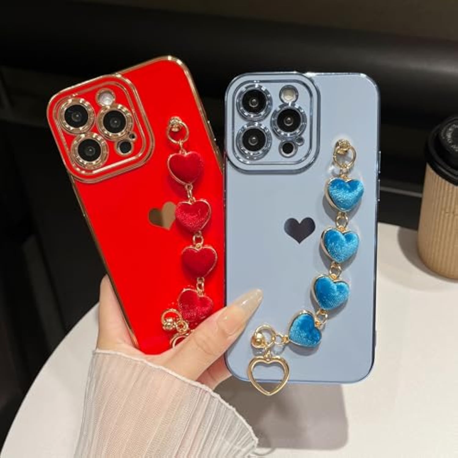 For Iphone 14 Pro Max Case,Cute Plating Love Heart Wrist Strap Chain Bracelet Phone Case (Black)