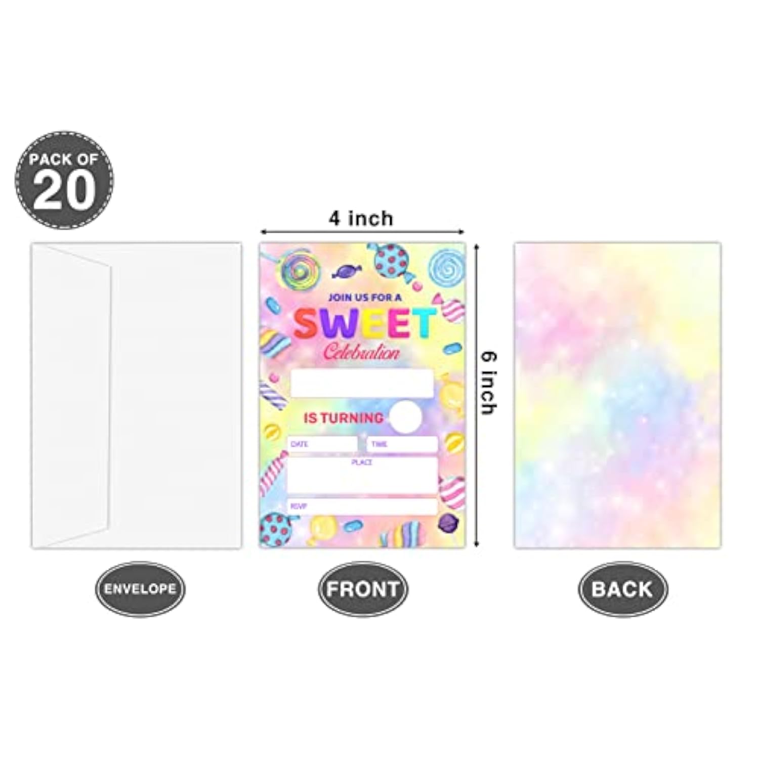Candy Birthday Invitations For Boys Girls Kids, Fill In Party Invites, Decorations, Favors, 20 Invitations With Envelopes (Ha07)