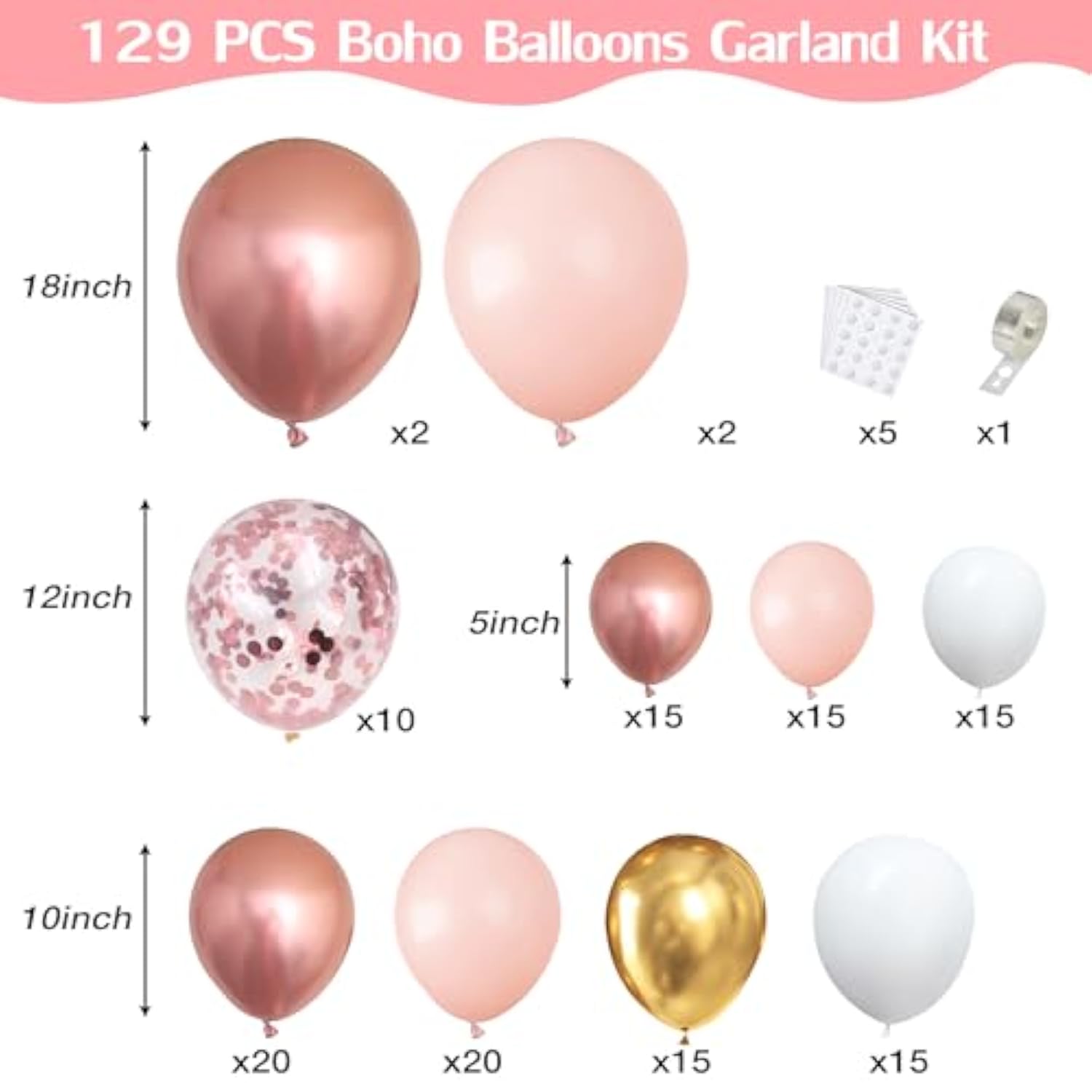 Rose Gold Balloon Garland Arch Kit, 129Pcs Rose Gold Pink White And Gold Confetti Latex Balloons For Baby Shower Wedding Birthday Graduation Anniversary Bachelorette Party Decorations…