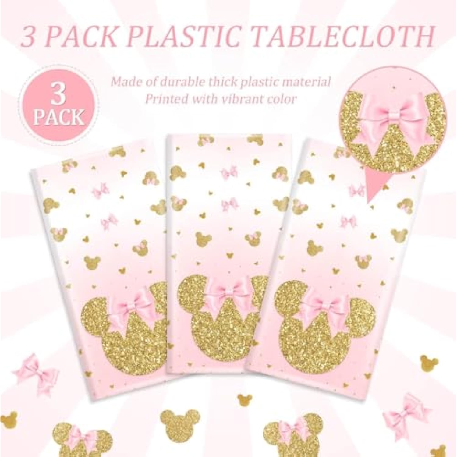 3 Pieces Pink Mouse Birthday Tablecover Gold Mouse Head Cartoon Plastic Party Tablecloth Disposable Table Decoration For Kids Girls