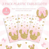 3 Pieces Pink Mouse Birthday Tablecover Gold Mouse Head Cartoon Plastic Party Tablecloth Disposable Table Decoration For Kids Girls