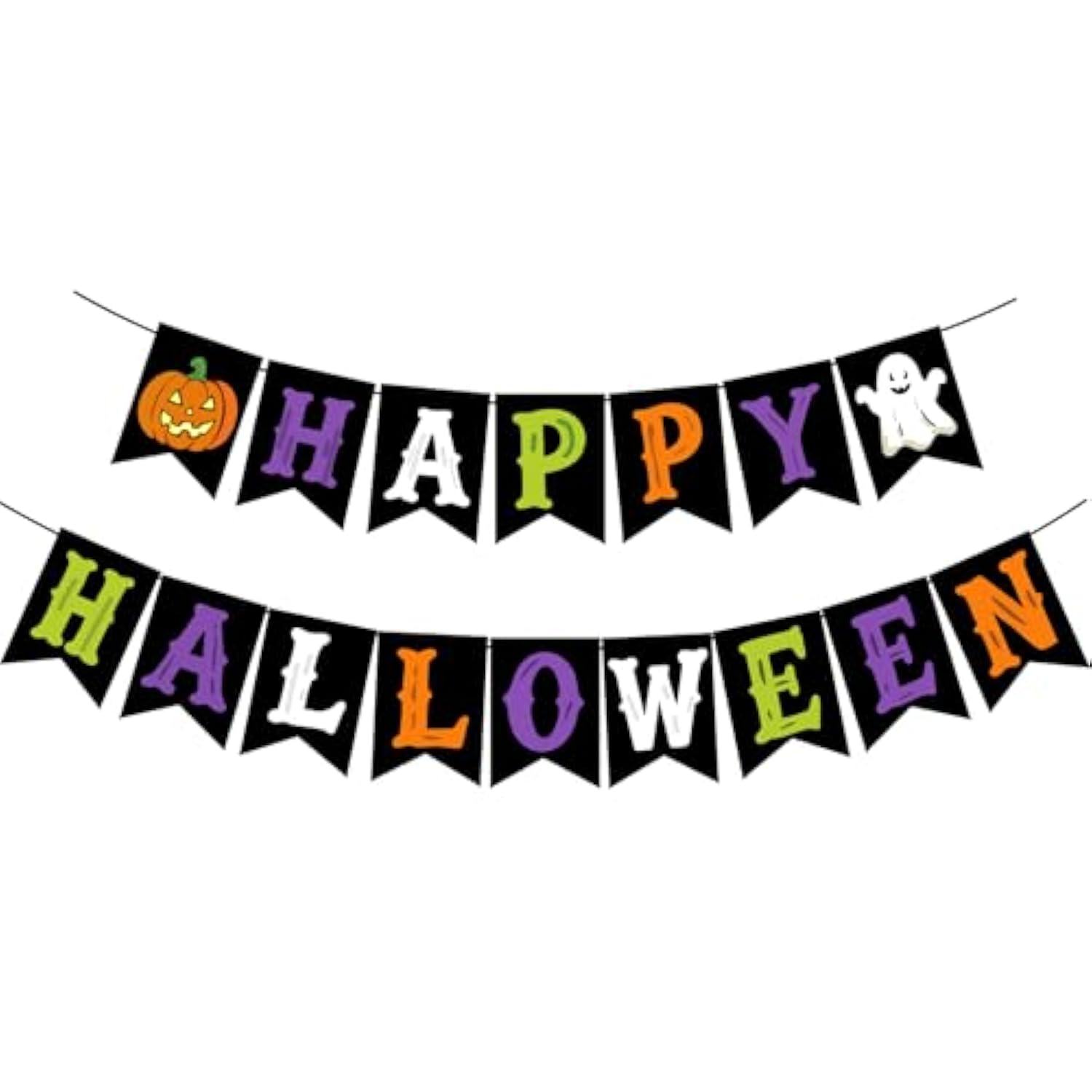 Happy Halloween Banner Pre-Strung with Pumpkin Ghost for Mantle Wall Fireplace Party Decor