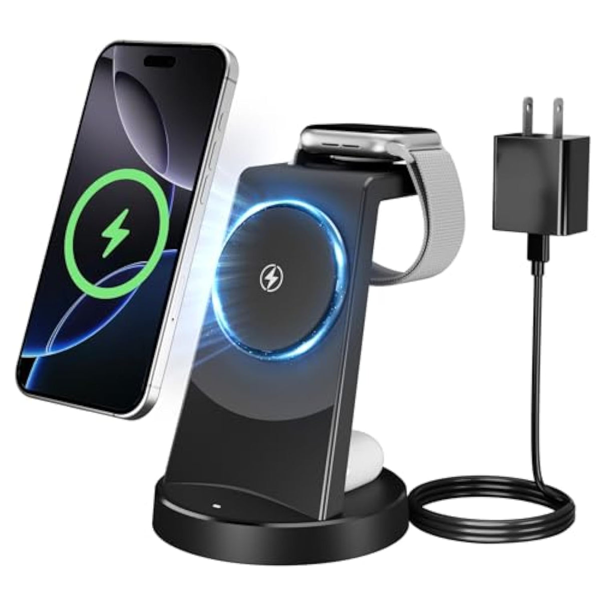 Magnetic 3-In-1 Wireless Charging Stand: 15W Mag Safe Qi2 Charger Station For Iphone 16E 16 15 14 13 12 Pro Max - Apple Watch S10–2 Ultra Se And Airpods 4 3 2 Pro - Office Home Desk Dock Nightstand