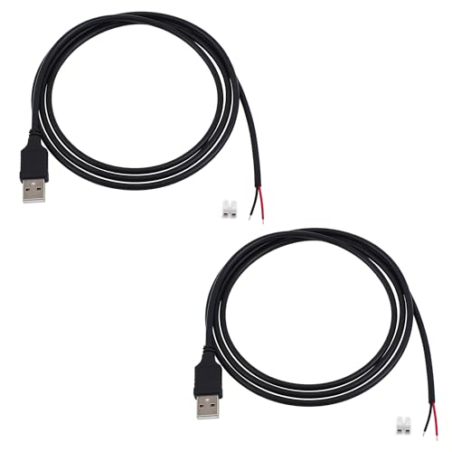 2Pcs 3.28FT USB 2.0 A Male 2-Pin Bare Wire (5V/2A) Black Open End Pigtail Cable for DIY Repair & Power Supply