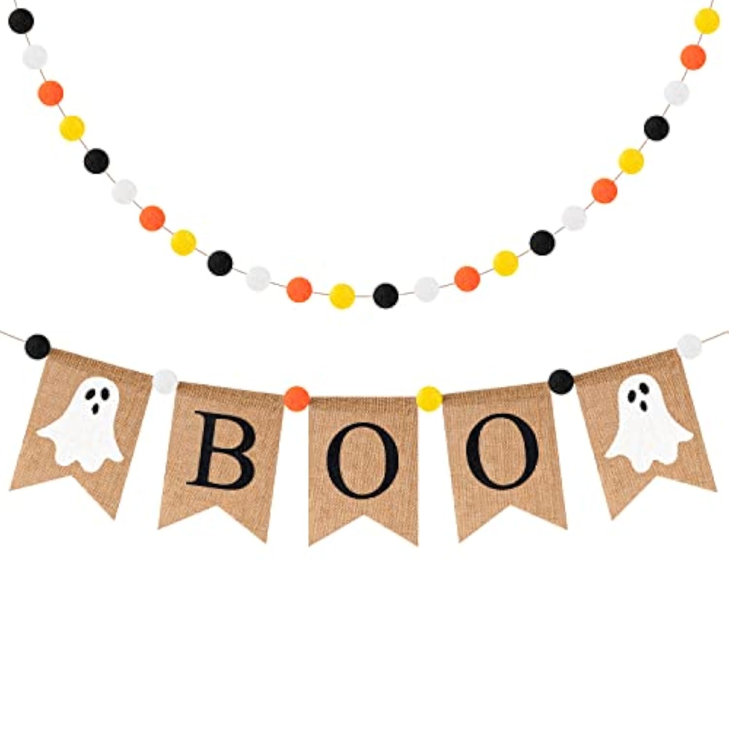 Halloween Boo Burlap Banner: Ghost & Felt Ball Garland - 2pcs