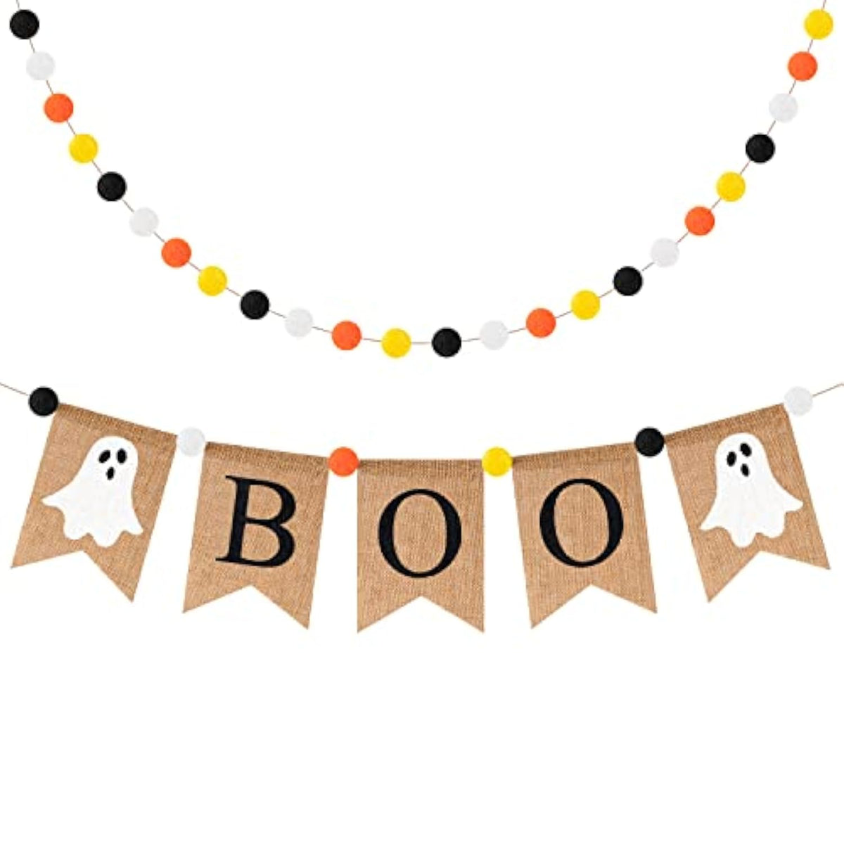 Halloween Boo Burlap Banner: Ghost & Felt Ball Garland - 2pcs