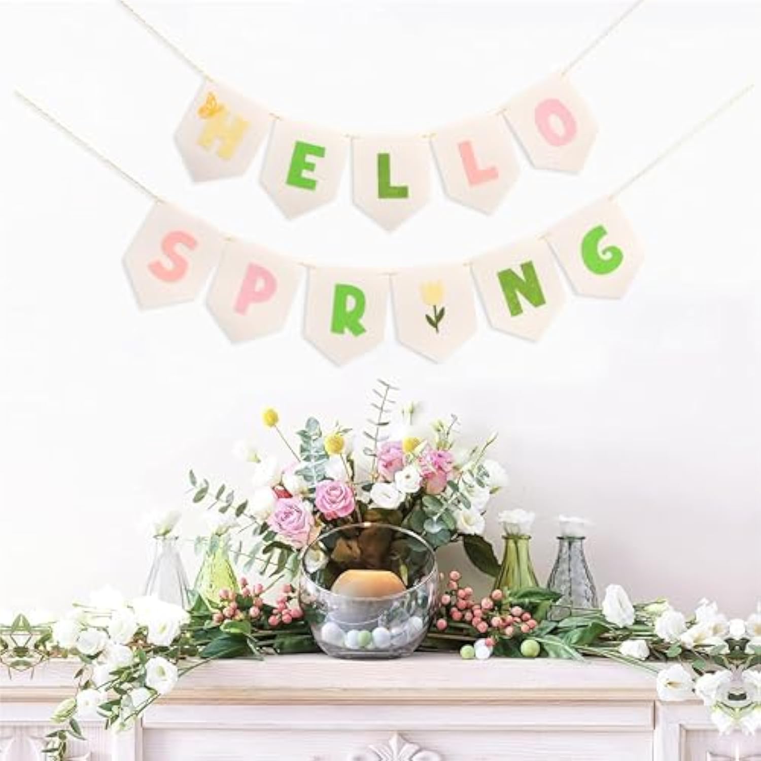 Felt Hello Spring Banner – Pastel Springtime Hanging Decoration, Farmhouse Spring Party Decor, Fabric Hellospring Bunting