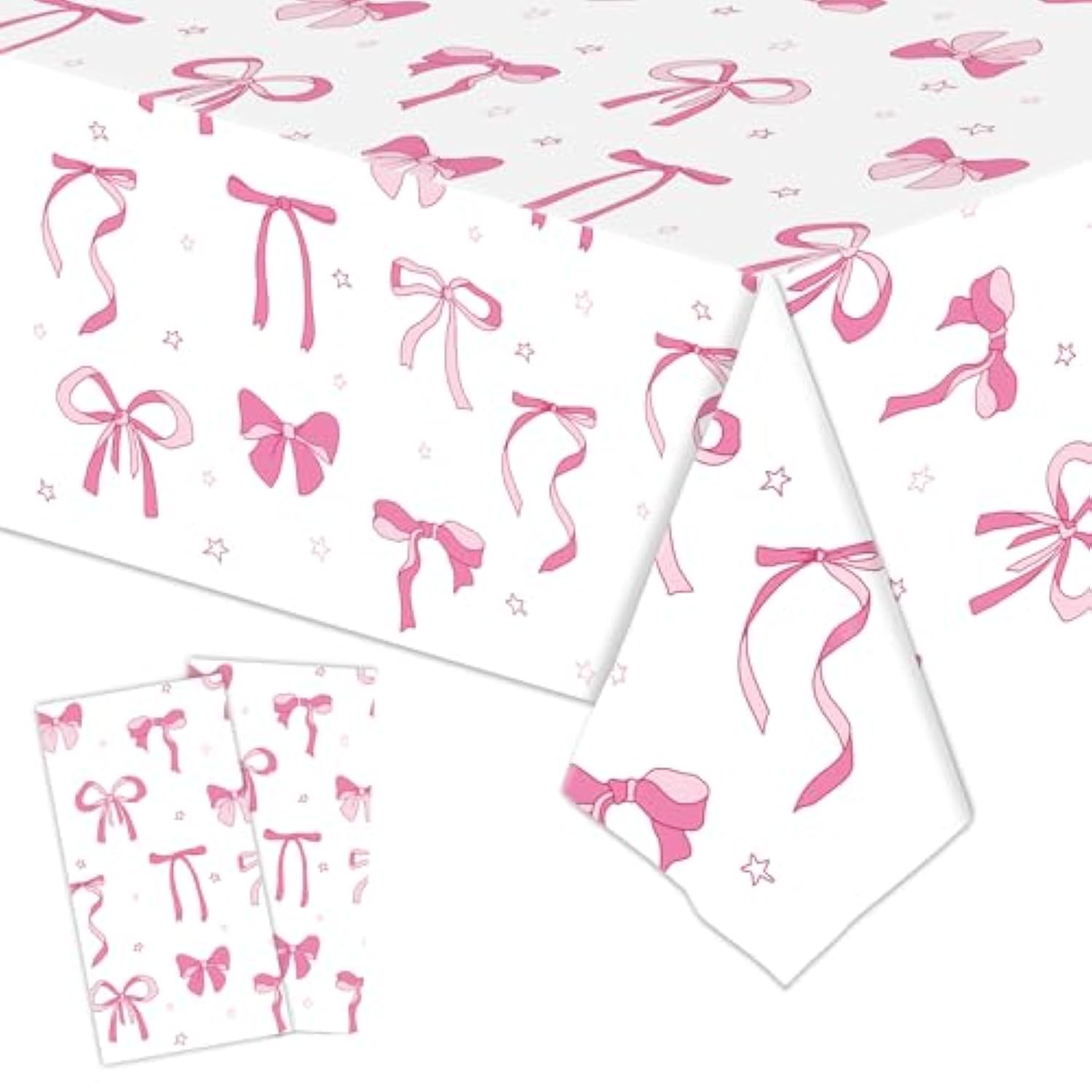 2 Pack Pink & White Bow Tablecloth, 54x108 Inch for Girls Birthday, Baby Shower Decor