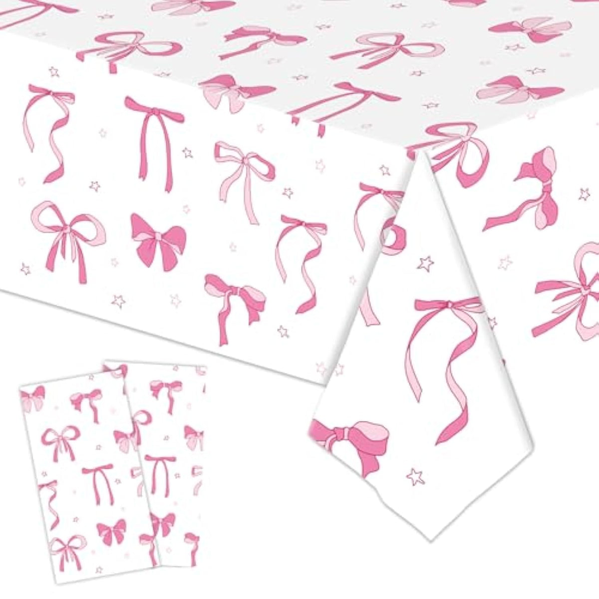 2 Pack Pink & White Bow Tablecloth, 54x108 Inch for Girls Birthday, Baby Shower Decor
