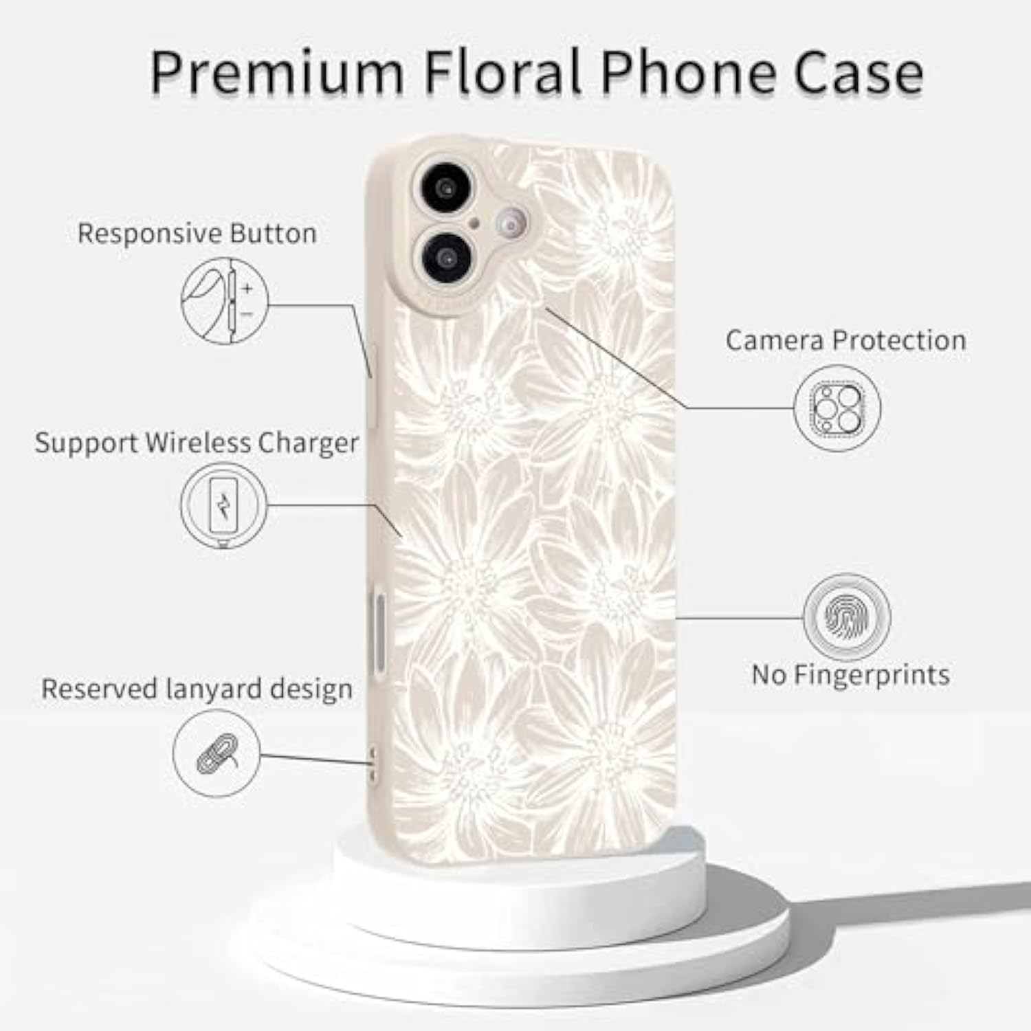 For Iphone 16 Sunflower Floral Blooms Pattern Design Soft Shockproof Protective Slim Phone Cover Silicone Camera Protection For Women Girls, White