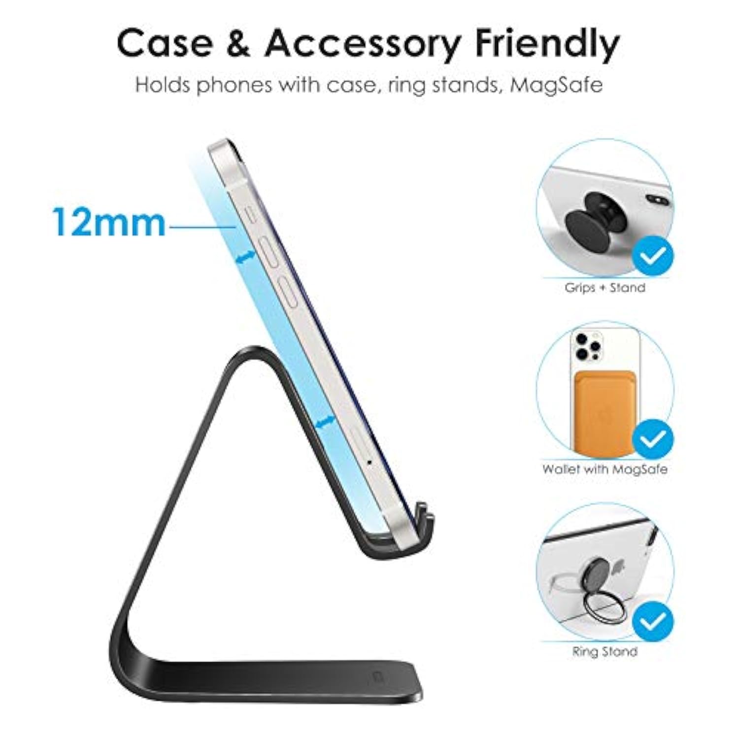 Omoton Upgraded Aluminum Cell Phone Stand, C1 Durable Cellphone Dock With Protective Pads, Smart Stand Designed For 14 Plus, 14/13/12/11 Pro Max Xr Xs, Ipad Mini, Android Phones?Black