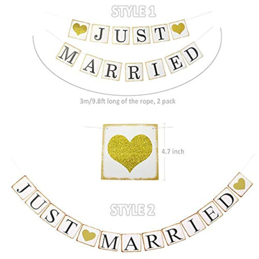 Just Married Banner Car Decorations, Gold Glitter Just Married Sign Garland For Bridal Shower Decorations, Photo Props And Car Decorations
