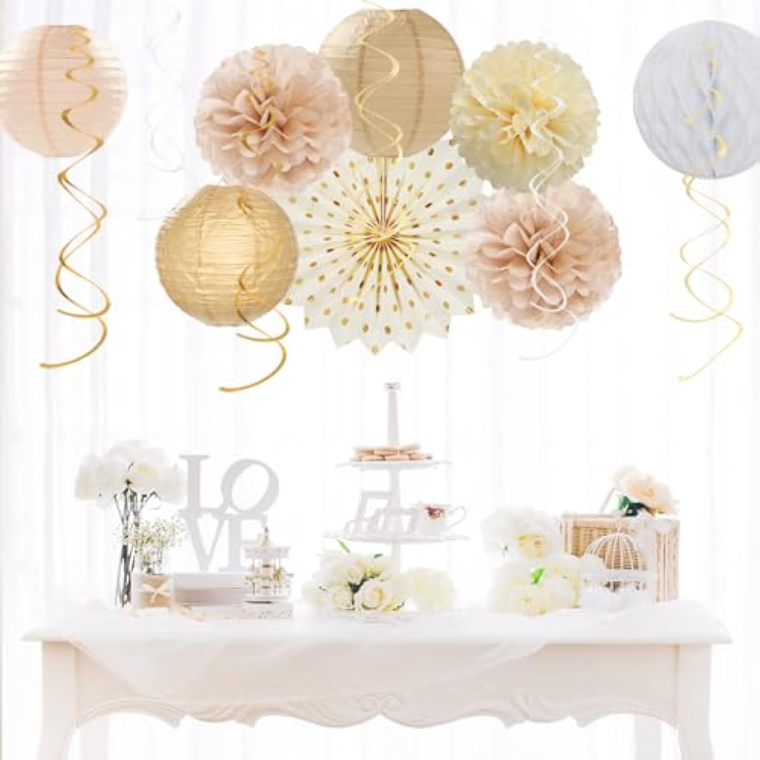 Boho Neutral Party Decor – 20pcs Beige, Gold, Peach Paper Lanterns, Fans, Pom Poms & More