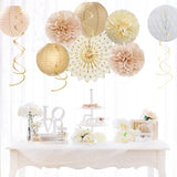 Boho Neutral Party Decor – 20pcs Beige, Gold, Peach Paper Lanterns, Fans, Pom Poms & More