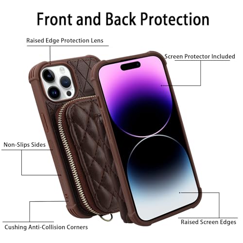 Zipper Wallet Case Compatible for iPhone 15 Pro,[Glass Screen Protector ][RFID Blocking] Flip Leather Handbag Phone Cover with Card Holder and