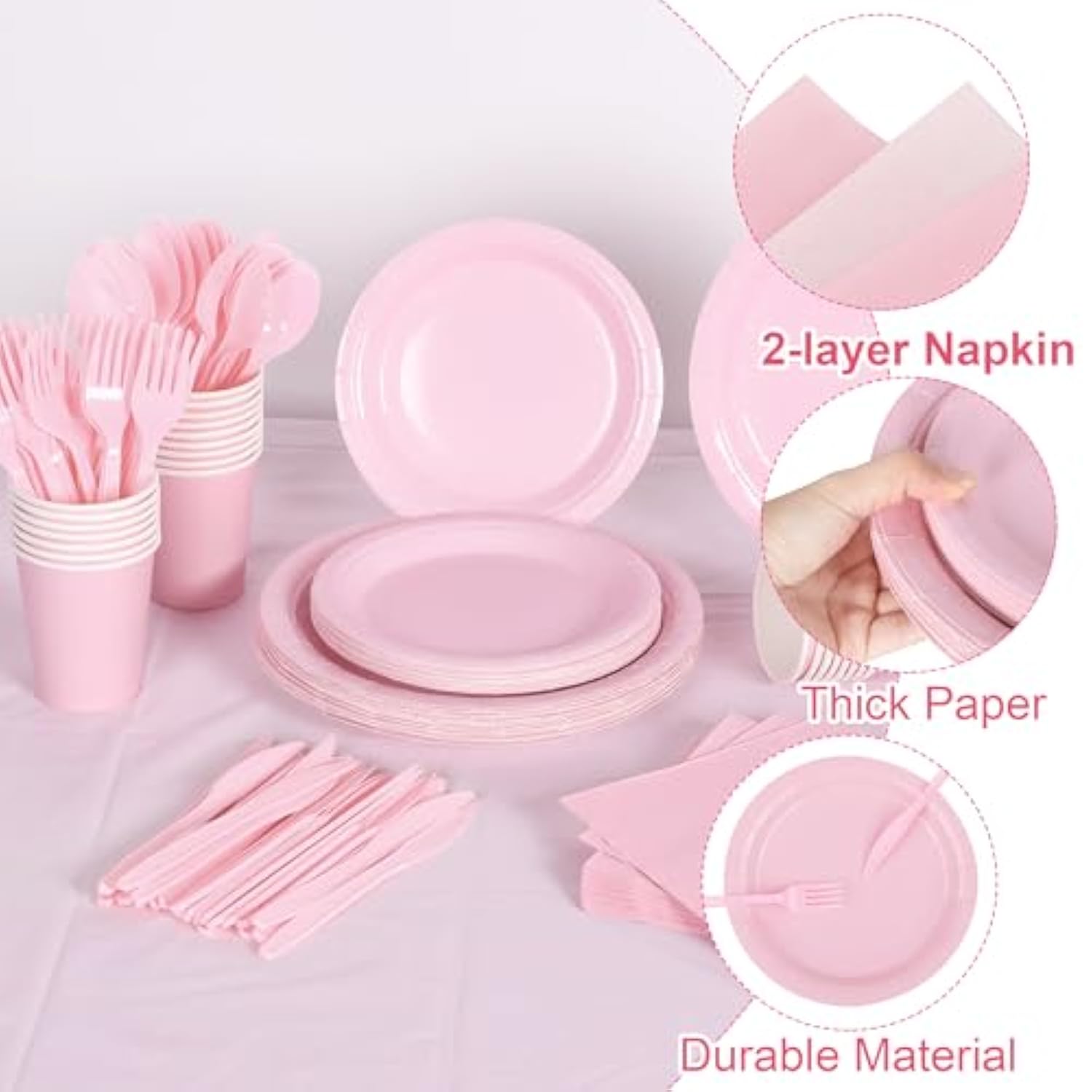 169 Pieces Light Pink Party Supplies Disposable Dinnerware Set Include Plates And Cups Napkins Plastic Forks Knives Spoons Tablecloth For Wedding Birthday Party Decorations, Serve 24 Guests