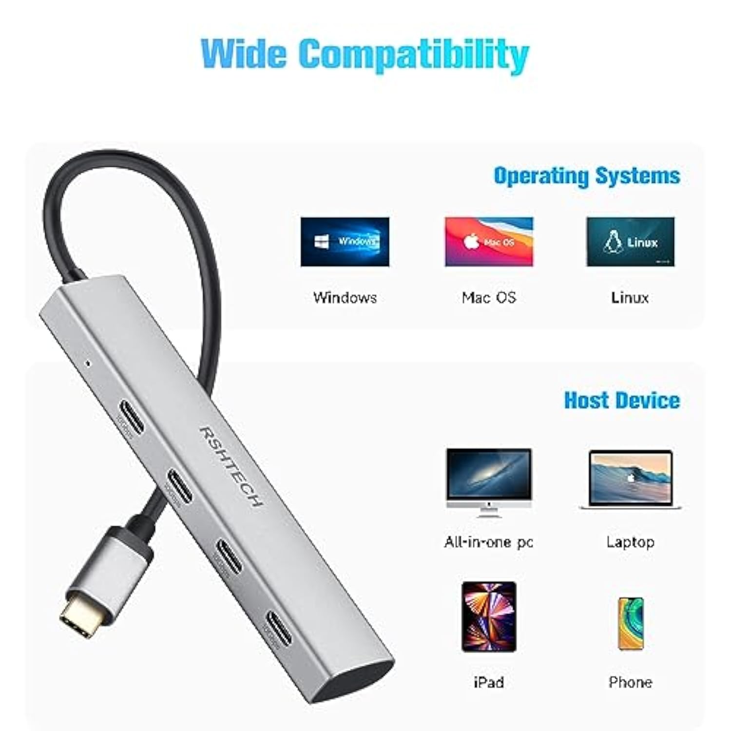 Usb C Hub 10Gbps 4-Port Usb C To Usb-C 3.2 Gen 2 Dongle, Portable Usb C Multip