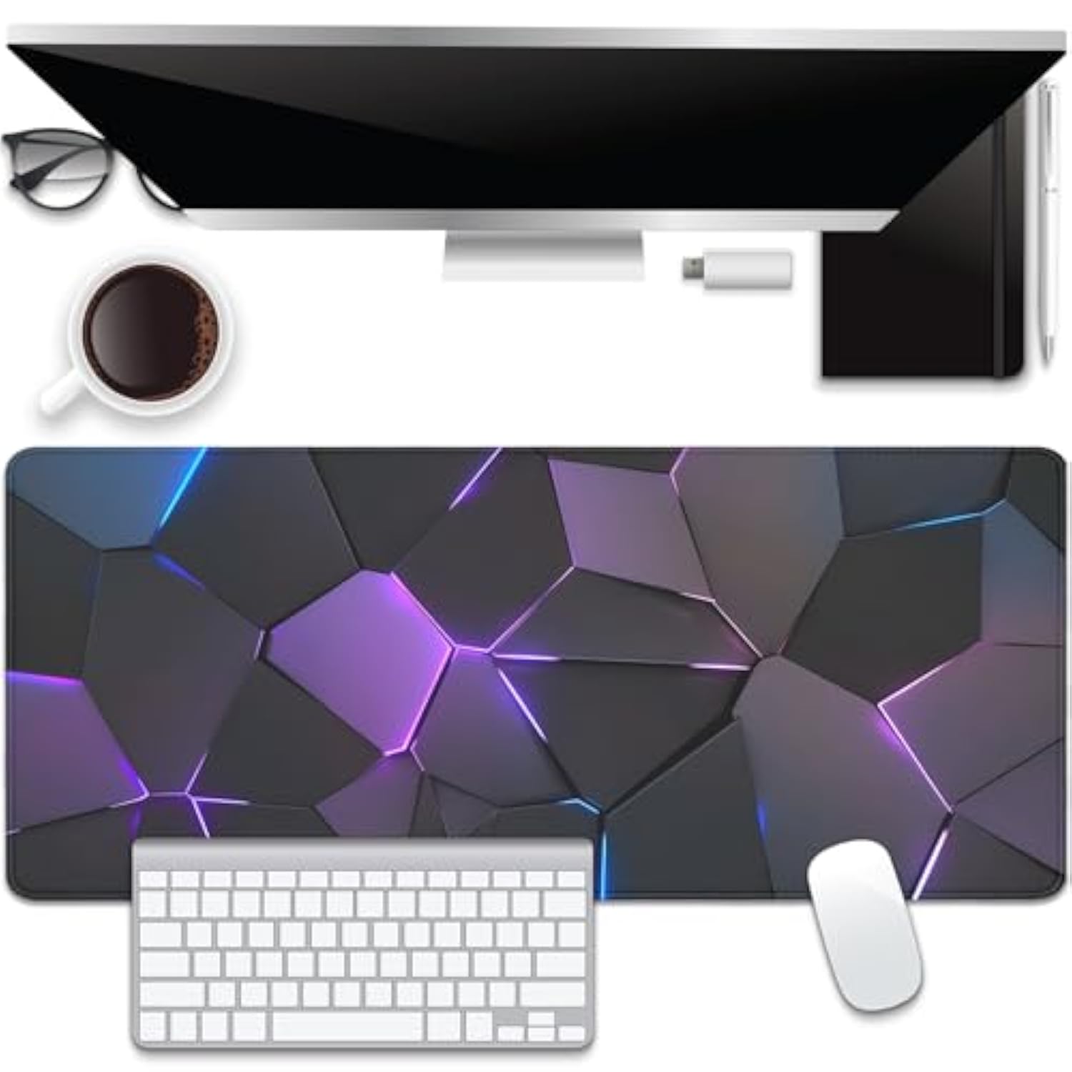 Cool Polygons Desk Pad Mouse Pad,Large Xl Technology Mouse Mat With Stitched Edges,Non-Slip Rubber Base Mousepad For Office Pc Keyboard Laptop And Home Work Desk Mat(27.5X11.8 In)