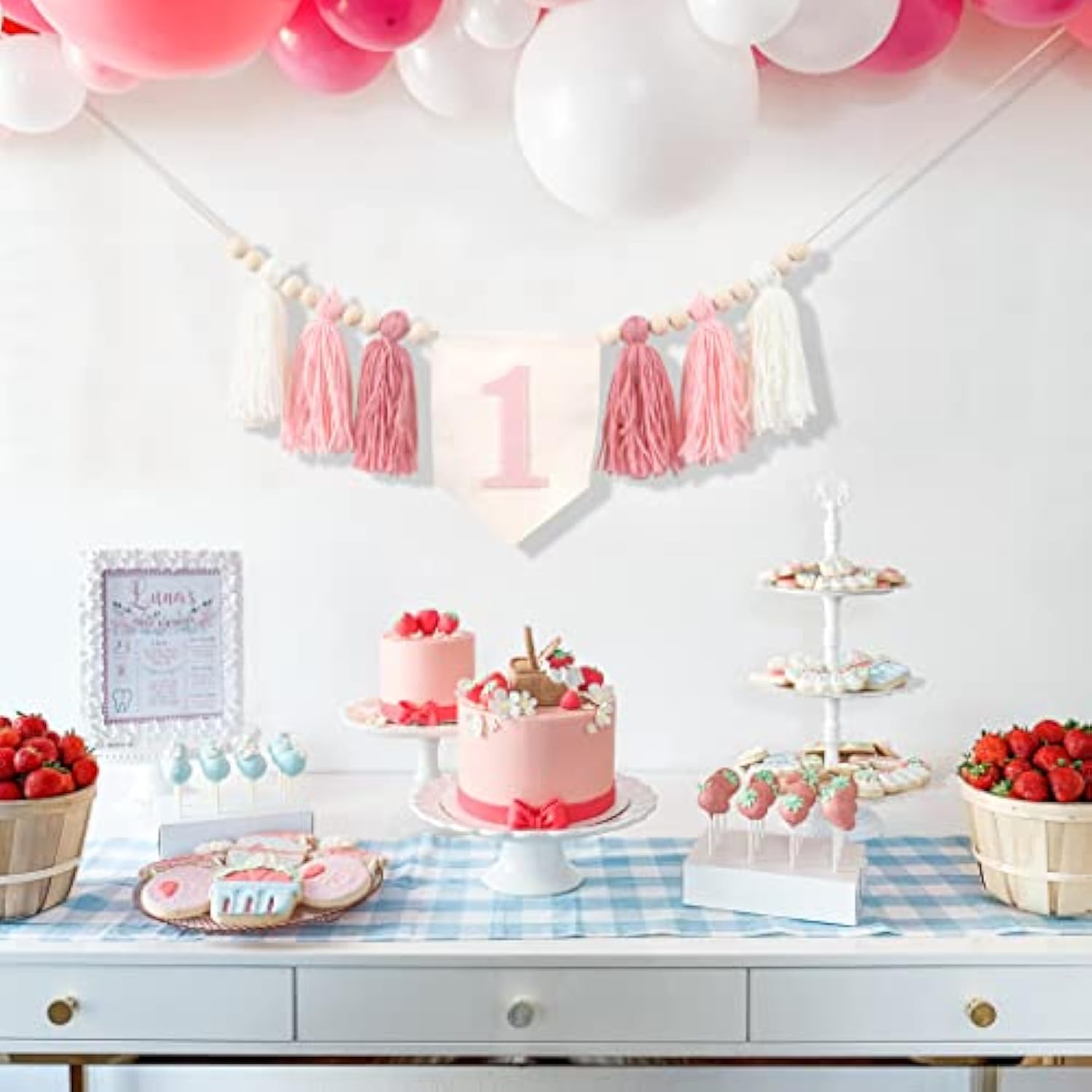 Pink Daisy 1st Birthday High Chair Banner: Tassel Garland, Photo Backdrop