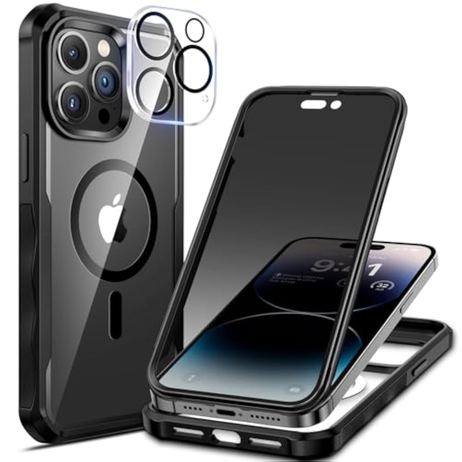 For Iphone 14 Pro Case, Full Body Bumper With Built-In 9H Tempered Glass Privacy Screen Protector And Camera Lens Protector, Compatible With Magsafe, Shockproof Phone Cover, 6.1", Black