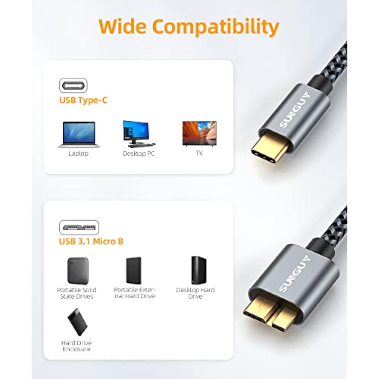 10Gbps Micro B To Usb C Hard Drive Cable 1Ft, Usb 3.1 Usb C To Micro B, High-Speed External Hard Drive Usb C Cable For Iphone 16 15 Pro/Pro Max, Macbook Pro/Air, Wd Toshiba Westgate Seagate