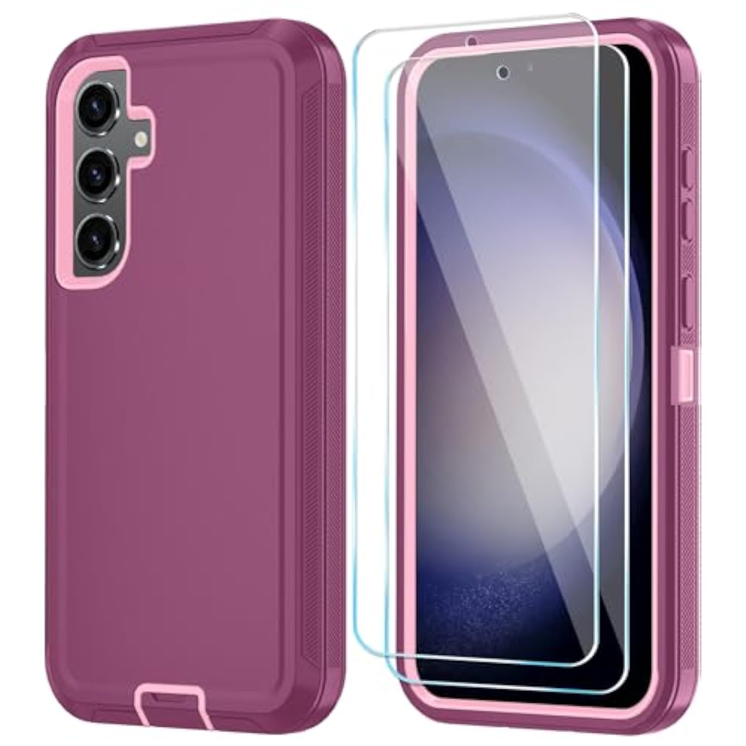 Phone Case For Samsung Galaxy S24 Case With Hd Screen Protector, Heavy Duty Shockproof & Dropproof 3-Layer Cover Phone Case For Galaxy S24 6.2'',Wineredpink