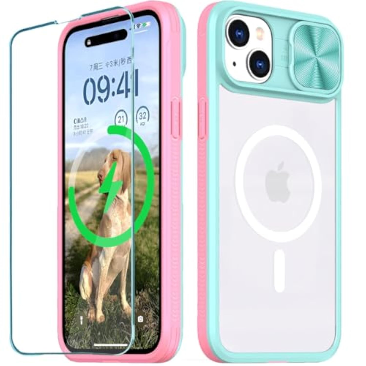 Clear Case Compatible with iPhone 15 MagSafe Slide Camera Lens Cover with 1 Screen Protector, Strong Magnets, Anti Yellow, Transparent Acrylic Back Soft Frame iPhone 15 Case 6.1 Inch, Pink and Teal