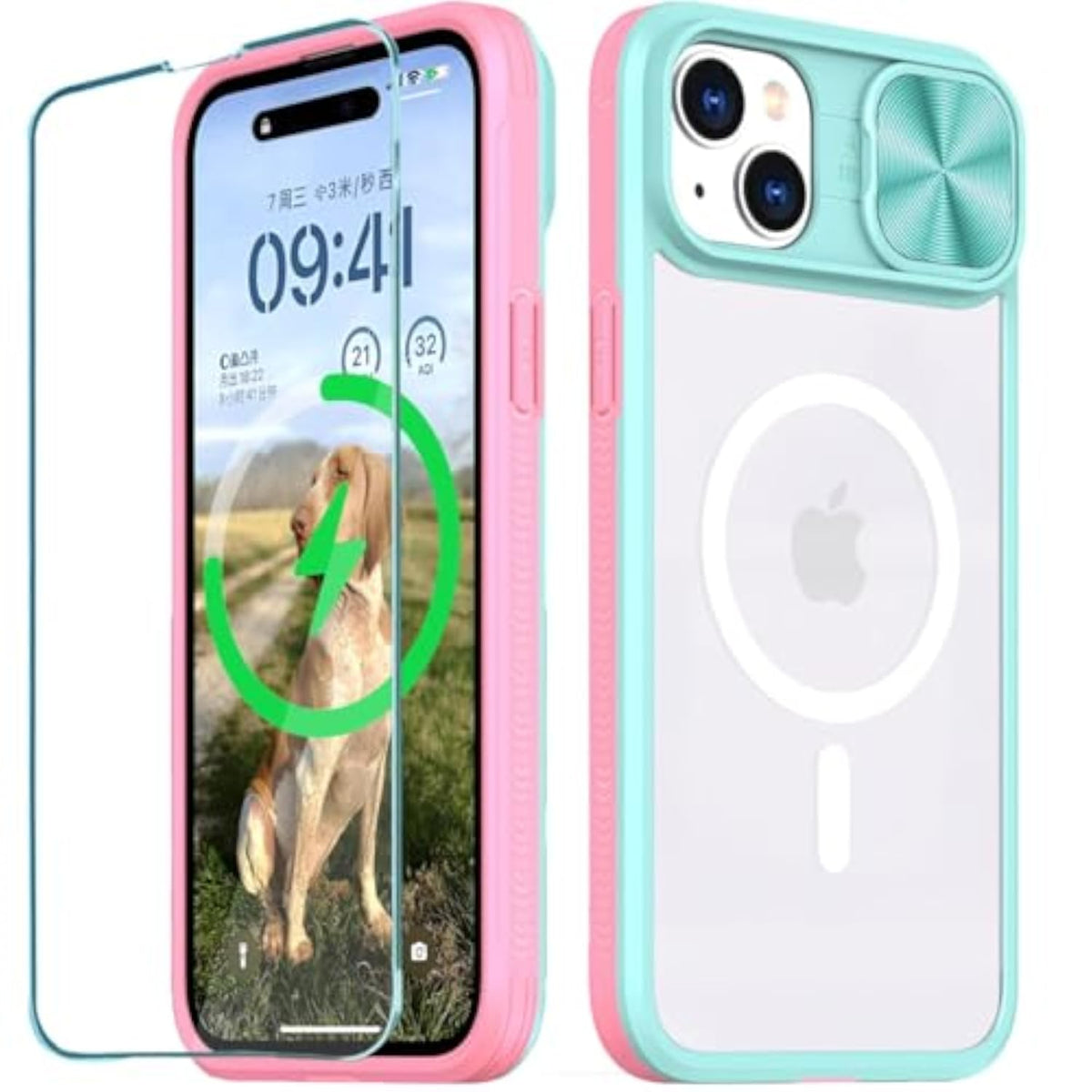 Clear Case Compatible with iPhone 15 MagSafe Slide Camera Lens Cover with 1 Screen Protector, Strong Magnets, Anti Yellow, Transparent Acrylic Back Soft Frame iPhone 15 Case 6.1 Inch, Pink and Teal
