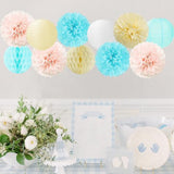 Light Blue Pink Beige Party Decorations 15pcs Gender Reveal Paper Flowers Lanterns Tissue Pom Poms Honeycomb Baby Shower Boy Or Girl Birthday He Or She Neutral Hanging Supplies