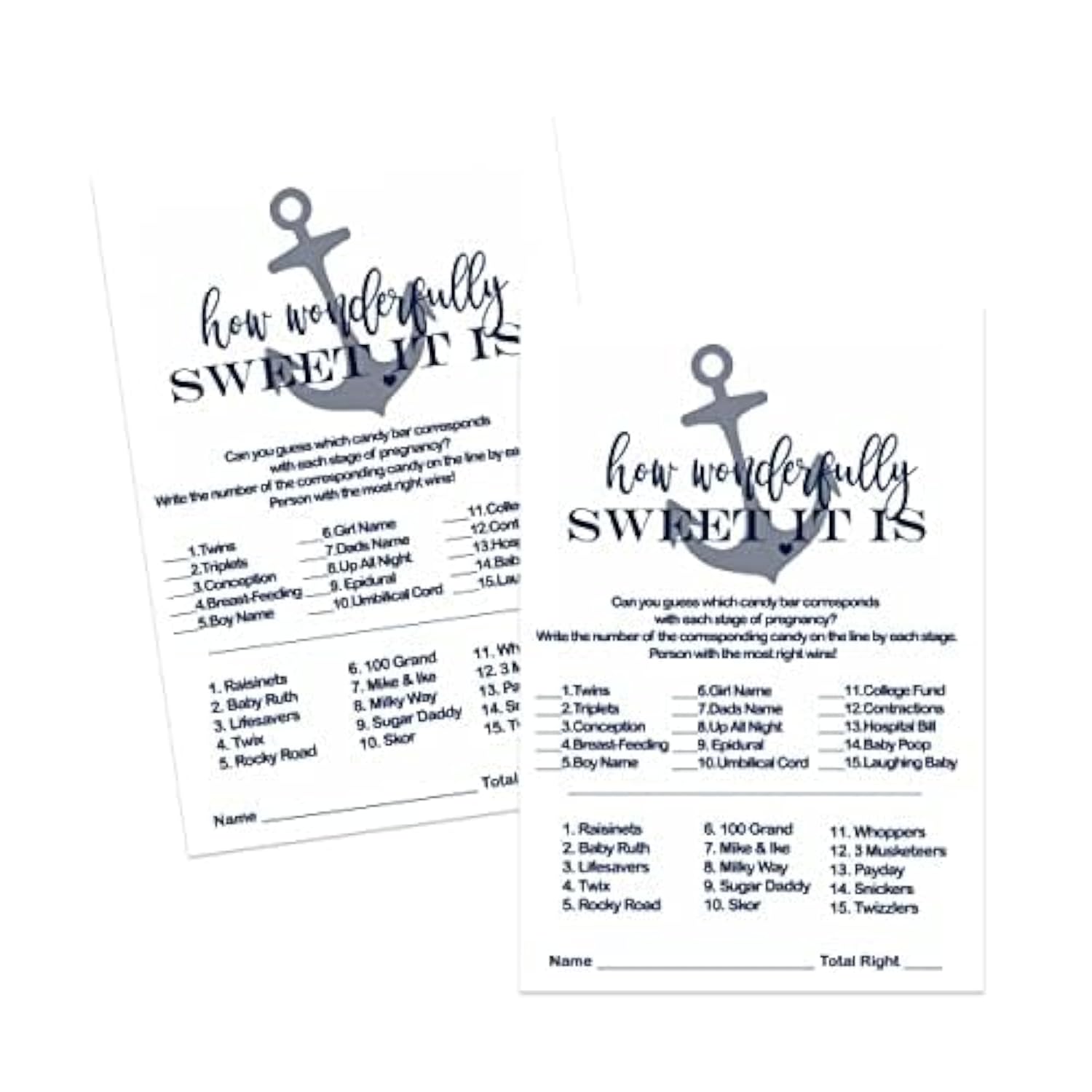 Nautical Baby Shower Candy Match Game - 25 Pack Of Ahoy Anchor Themed Cards - Boys Blue & Grey - 4X6