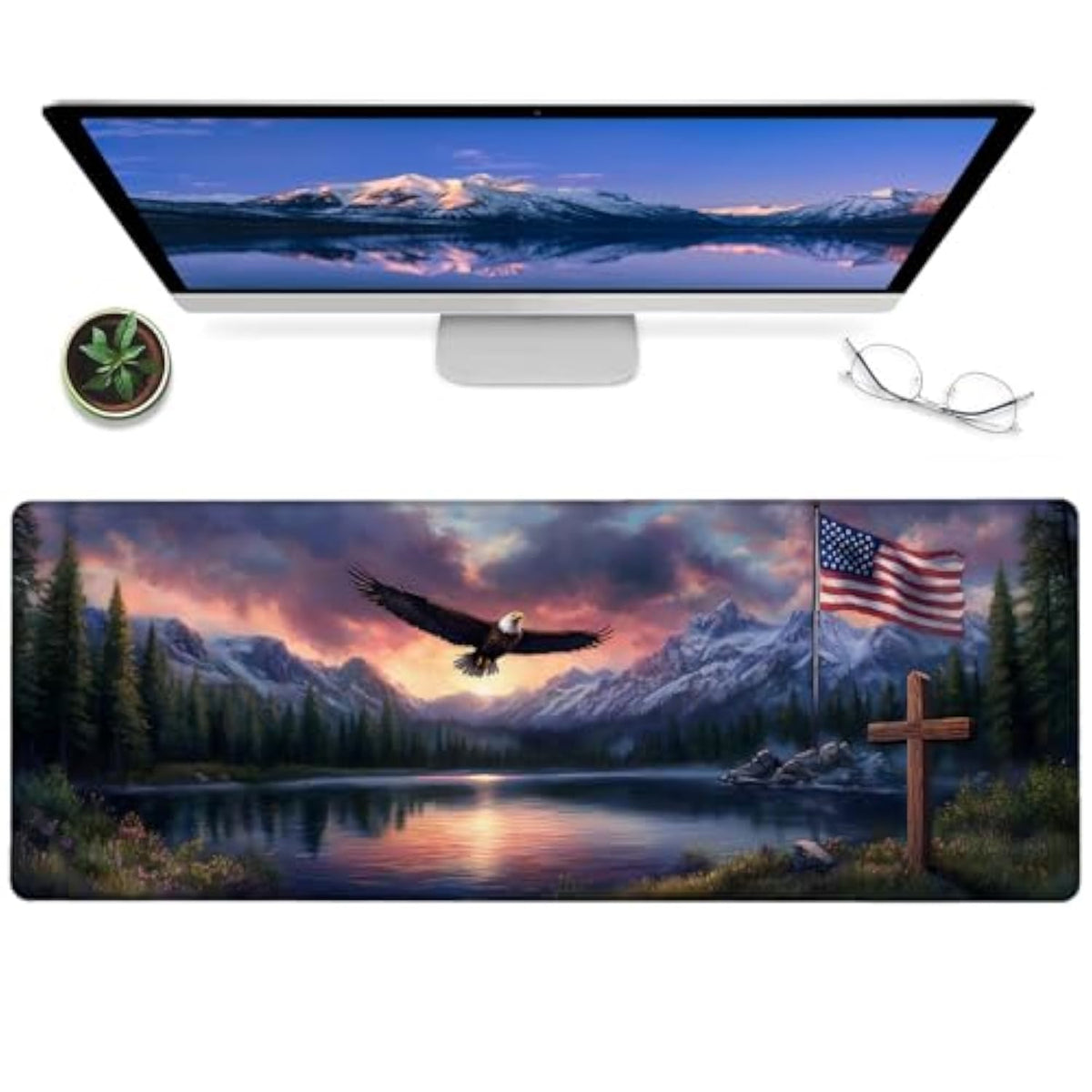 Patriotic Eagle And Flag Gaming Mouse Pad – 12X31.5In Non-Slip Rubber Desk Mat With American Landscape Design – Large Extended Mousepad For Office Home – Deskmat Gifts For Veterans Lover Decor