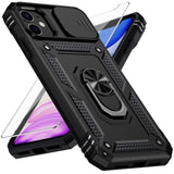 For Iphone 12 Case, Iphone 12 Pro Case, Slide Lens Cover, Hd Screen Protector, Military Grade Drop Protection, Magnetic Rotated Ring Holder Kickstand Phone Case (Black)