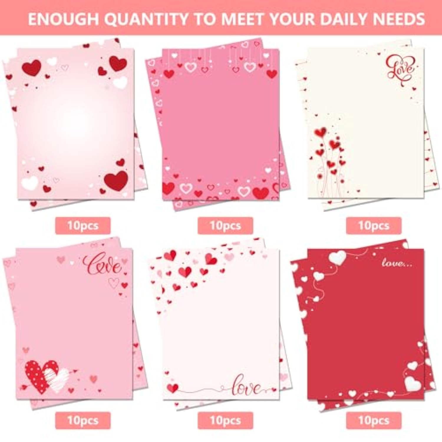 60 Sheets Valentine'S Day Stationery Paper 8.5 X 11 Inch,6 Style Love Heart Letter Paper, Pink Red Writing Paper For Valentines Day Wedding Anniversary Dating Notes Greeting Invitations