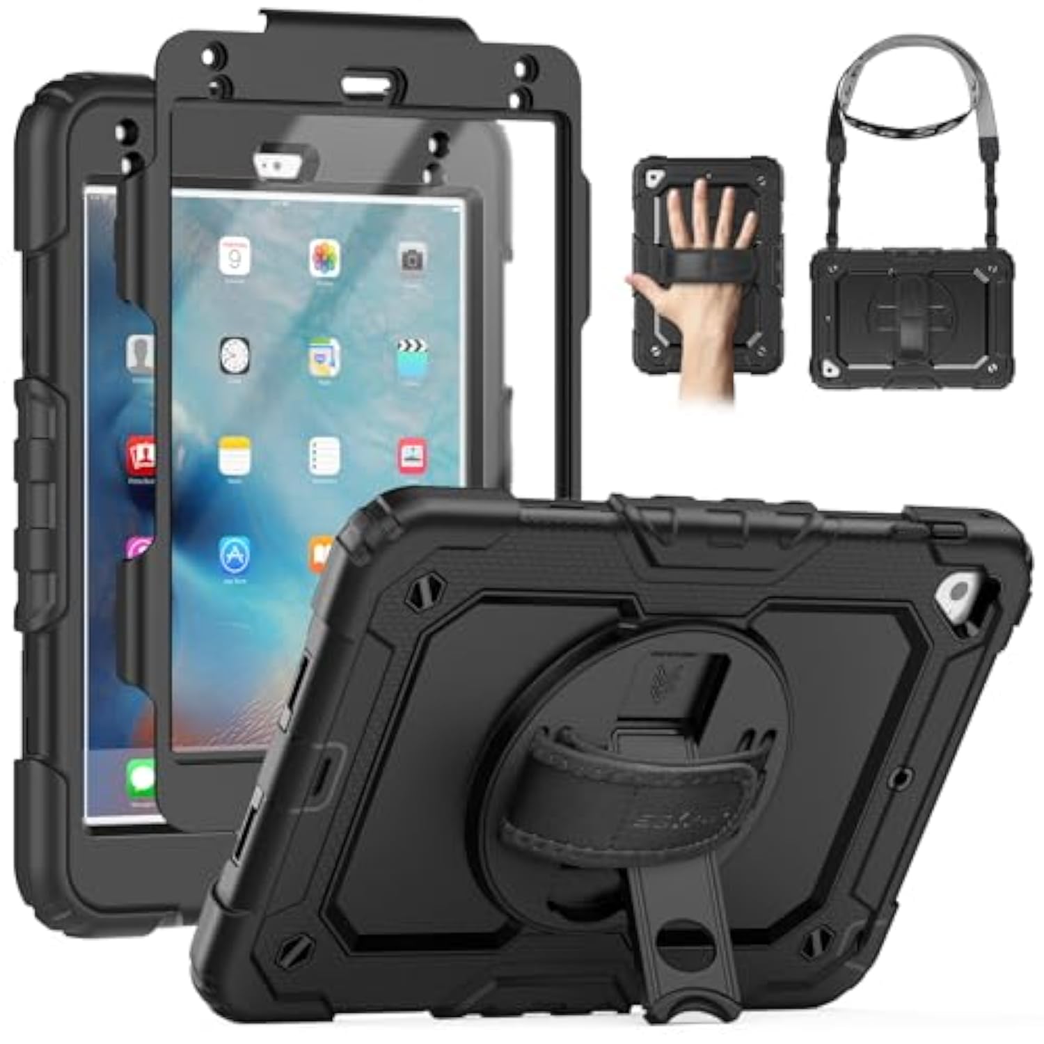For Ipad Mini 5/ Mini 4 Case 7.9 Inch, Sturdy Heavy Duty Shockproof Full-Body Protective Case With Screen Protector, Rotating Stand, Hand/Shoulder Strap For Ipad Mini 5Th/4Th Gen, Black