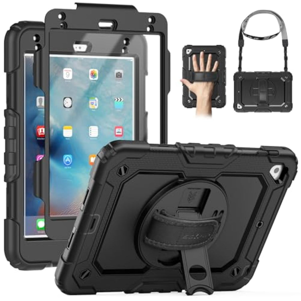 For Ipad Mini 5/ Mini 4 Case 7.9 Inch, Sturdy Heavy Duty Shockproof Full-Body Protective Case With Screen Protector, Rotating Stand, Hand/Shoulder Strap For Ipad Mini 5Th/4Th Gen, Black