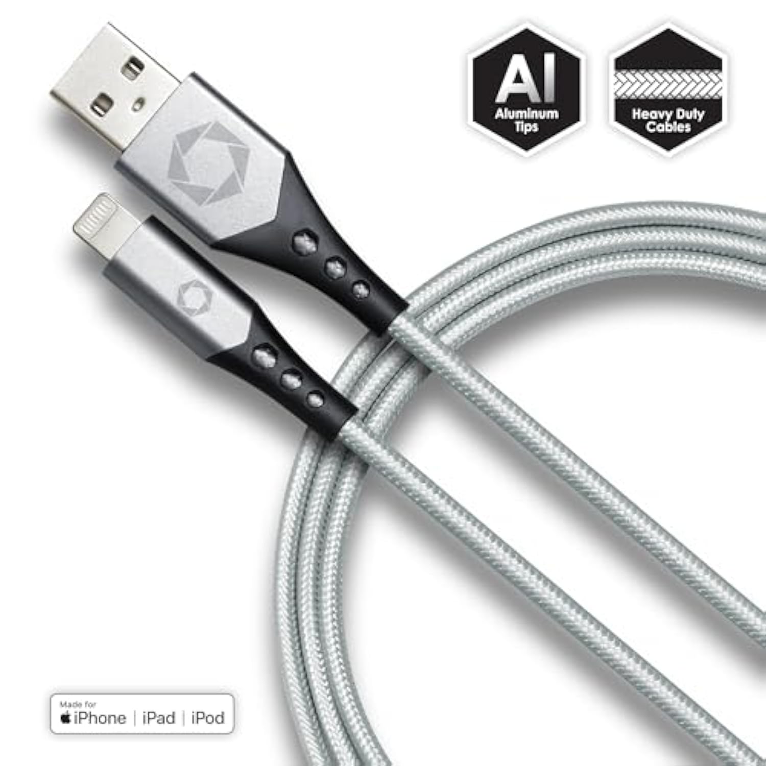 Titanium [Apple MFi Certified] 6FT Fast Charging Tangle Free Heavy Duty USB to Lightning Cable. Includes Sync+Charge & Aluminum Tips for Optimum Connectivity: Silver