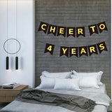 Cheers To 4 Years Banner, Pre-Strung, Black Gold 4Th Birthday And Anniversary Party Decorations, Happy 4Th Birthday Banner, Four Anniversary Party Bunting, 4 Year Old Blessed & Loved Flag