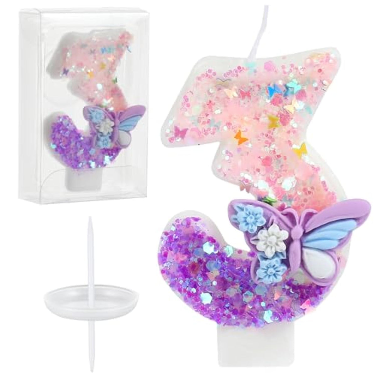 Birthday Number Candles Pink And Purple Butterfly Birthday Candles For Cake Glitter Number 3 Candle Cake Topper With Sequins For Girls And Women Anniversary Celebrations Supplies