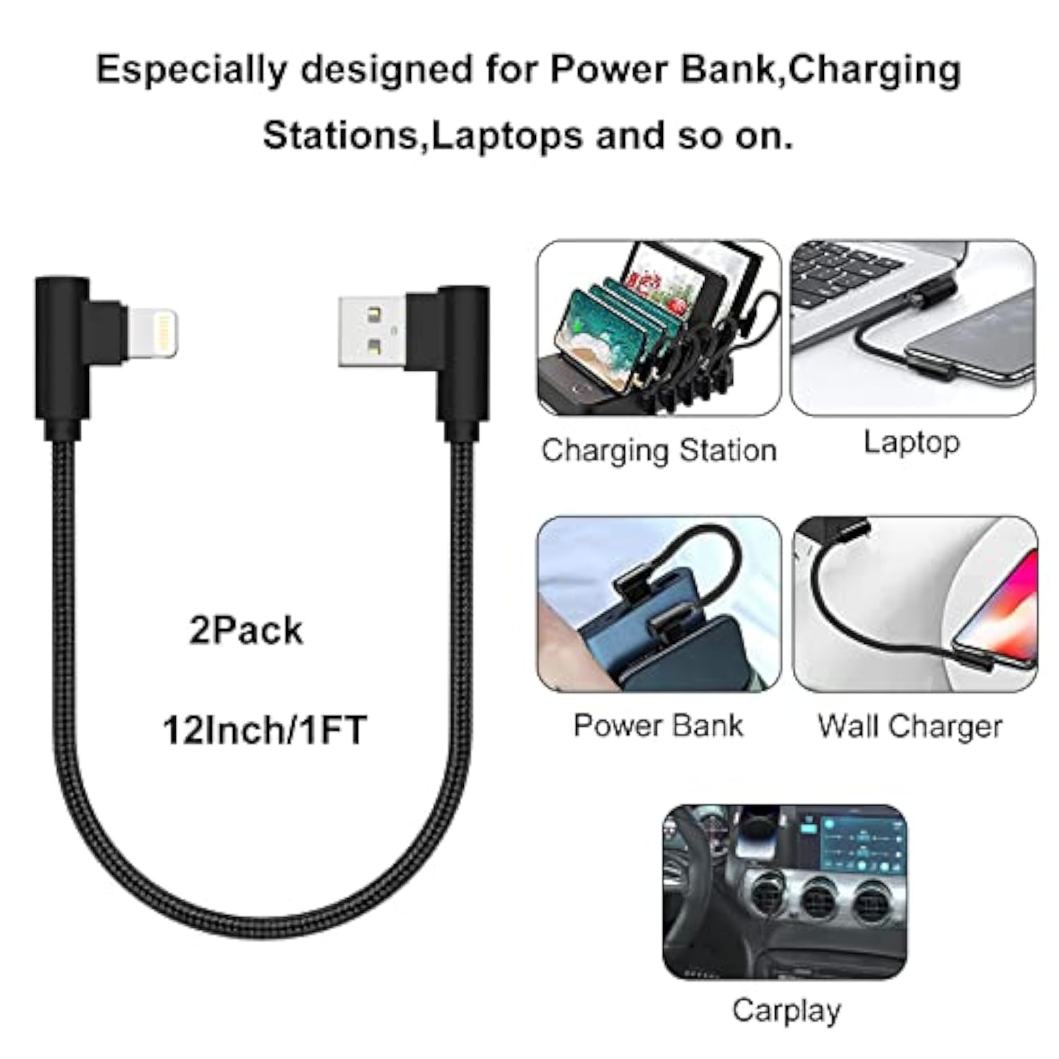 Iphone Charger 1Ft 90 Degree 2 Pack Mfi Certified Elbow Short Lightning Cable Right Angle Fast Charging Cord For Iphone 14 13 12 11 Pro X Xs Xr 8 Plus 7 6 5 (Black,1 Foot)