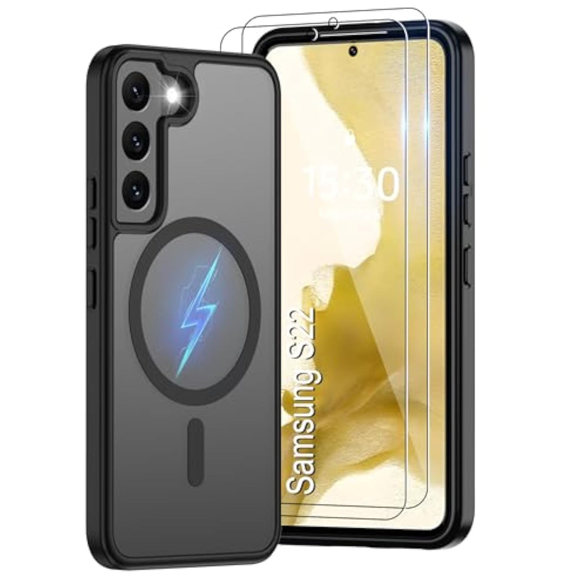 For Samsung Galaxy S22 Case [Compatible With Magsafe] Translucent Matte Magnetic Phone Case,Slim Thin Duty Shockproof Protection Cover With 2Pc Hd Screen Protector-Black