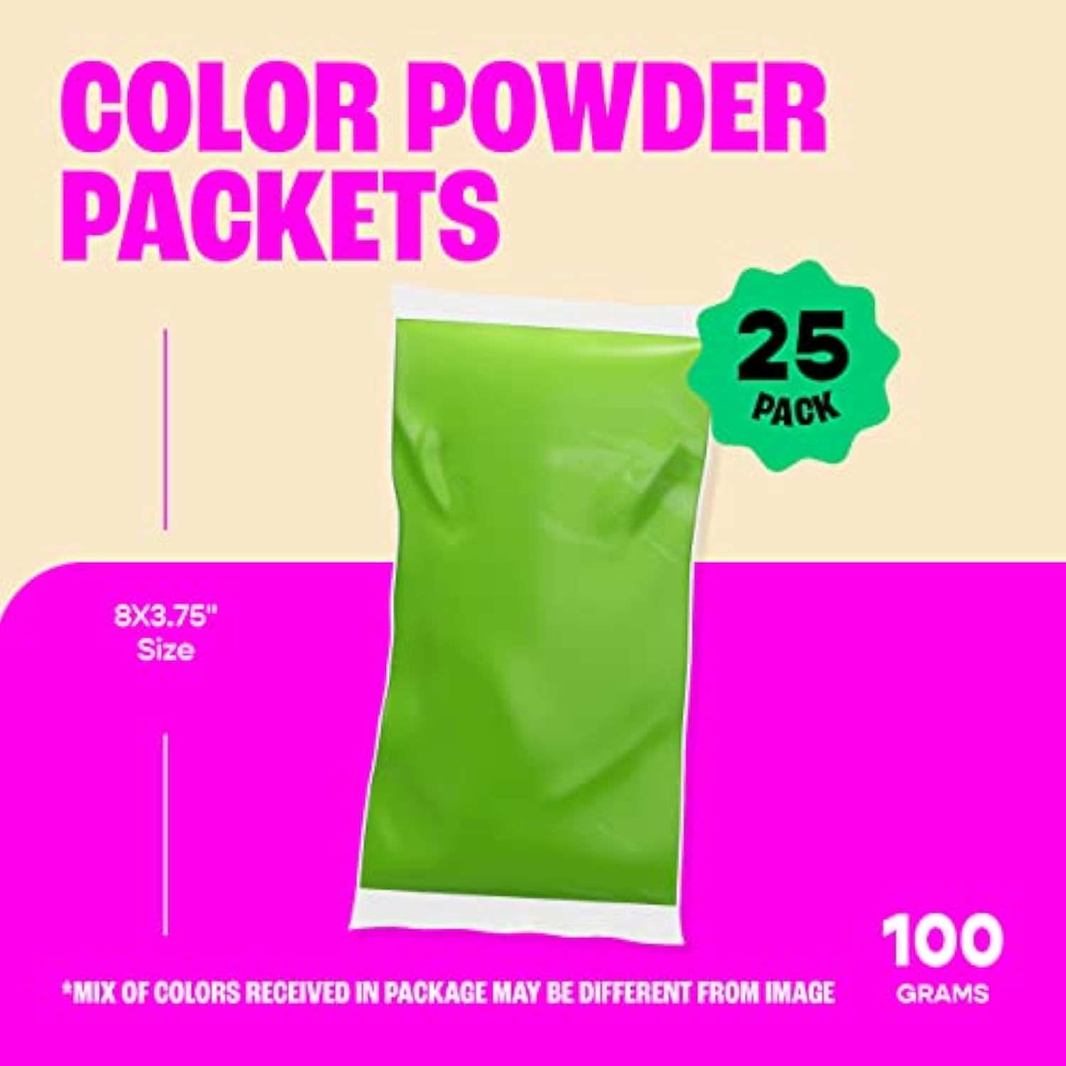 100G Color Powder Packs - 25 Pack - 10 Vibrant Colors In Clear Bags - Non-Toxic & Gluten-Free - Great For Holi, Color Wars, Fun Run, Gender Reveal & Summer Camp