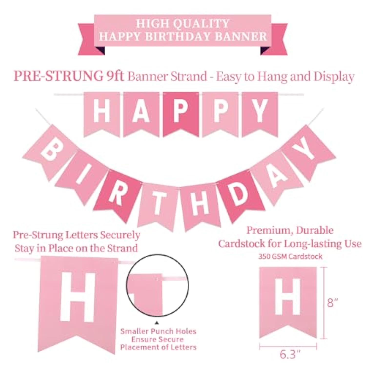 Pink Birthday Decorations Kit - 16-Piece Set With Pre-Strung Happy Birthday Banner, Honeycomb Balls, Garland & Swirls | Pink Theme Party Supplies For Women Girls Kids, Teens Adults
