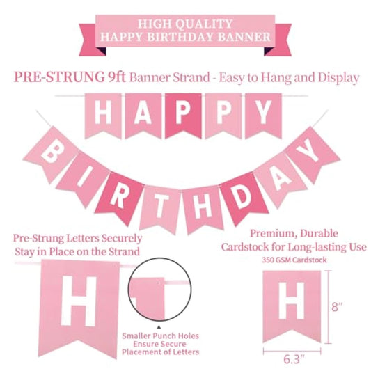 Pink Birthday Decorations Kit - 16-Piece Set With Pre-Strung Happy Birthday Banner, Honeycomb Balls, Garland & Swirls | Pink Theme Party Supplies For Women Girls Kids, Teens Adults