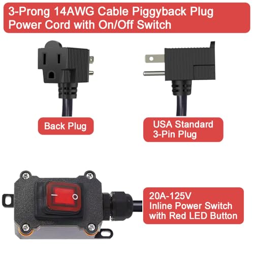 Inline Cord Switch With 3.3Ft 14Awg Cable Piggyback Plug(3-Pronged), Ip67 Waterproof Extension Cord With On/Off, Ac/Dc 20A-125V Inline Power Switch With Red Led Rocker Button